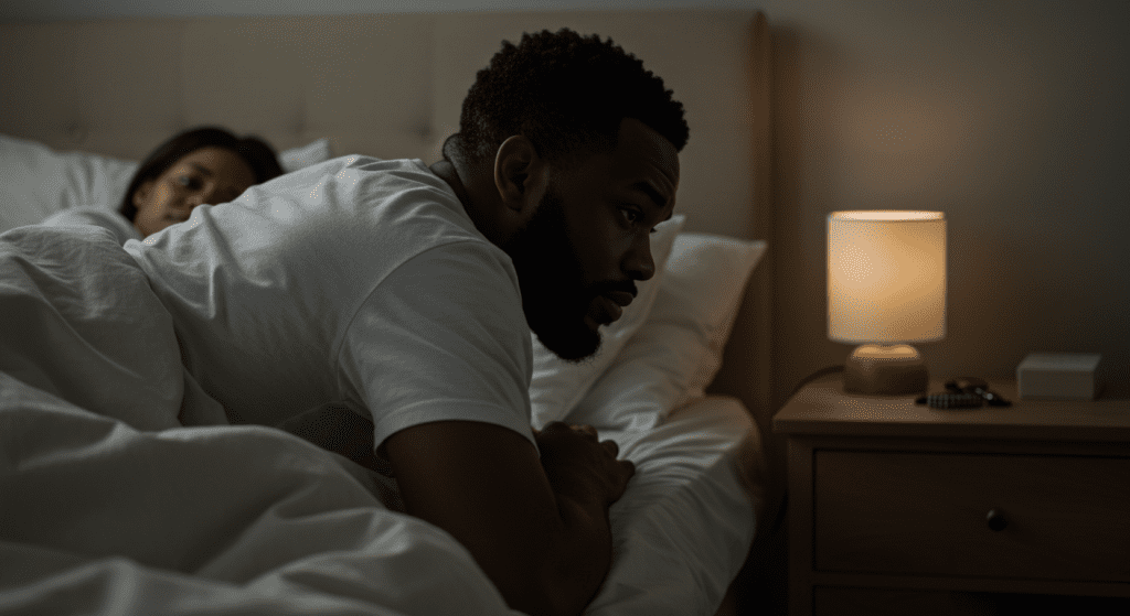 Man turning away from his partner in bed, avoiding physical intimacy and emotional connection.
