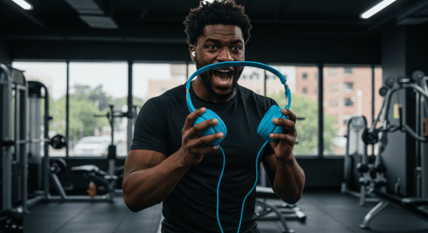 "A confident black man holding headphones, discovering the secret stamina-boosting playlist