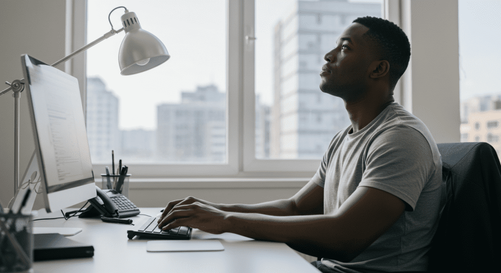 Man staring blankly while working, showing lack of sexual thoughts or fantasies during the day