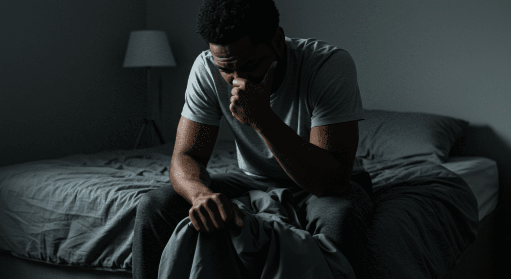 Worried man sitting on the edge of the bed, showing signs of erectile difficulty and frustration
