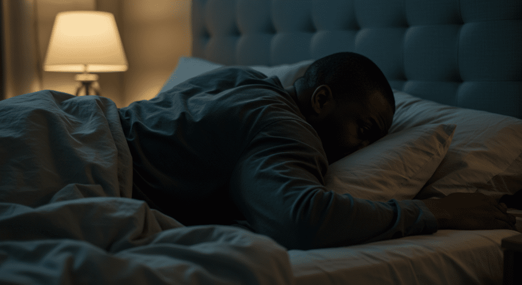 black Man turning away from his partner in bed, avoiding physical intimacy and emotional connection.