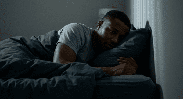 A sad Black man in bed covered with a duvet laying his head on a pillow