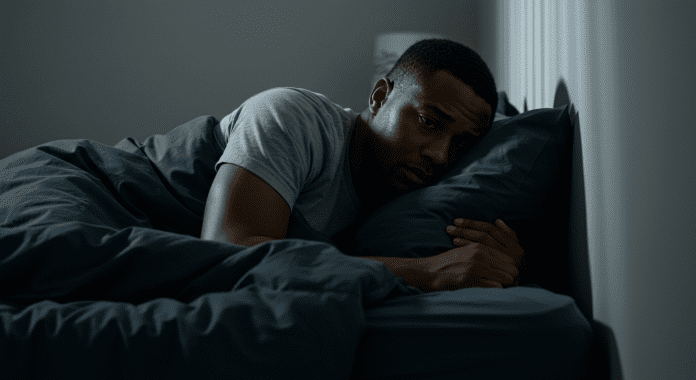 A sad Black man in bed covered with a duvet laying his head on a pillow