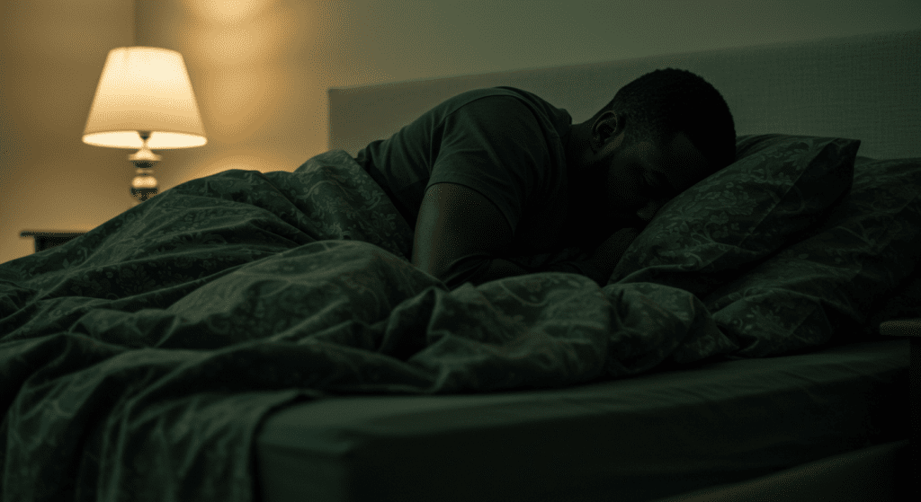 A man laying in bed in a dark room , covered up with a duvet with his head resting on the pillow . Effective Erectile Dysfunction treatments for Men