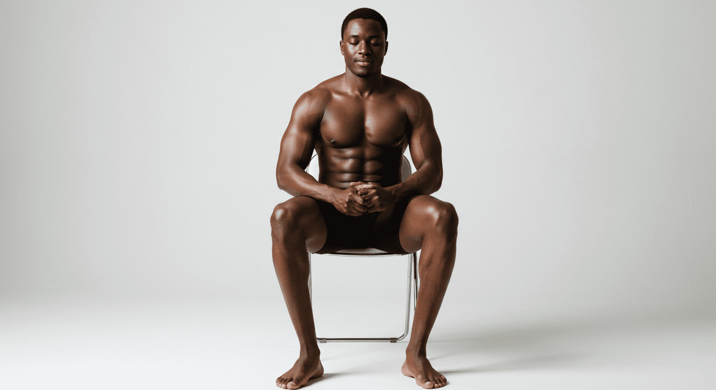 a black man sitting upright, focusing on contracting and relaxing his pelvic floor muscles to strengthen control over ejaculation.