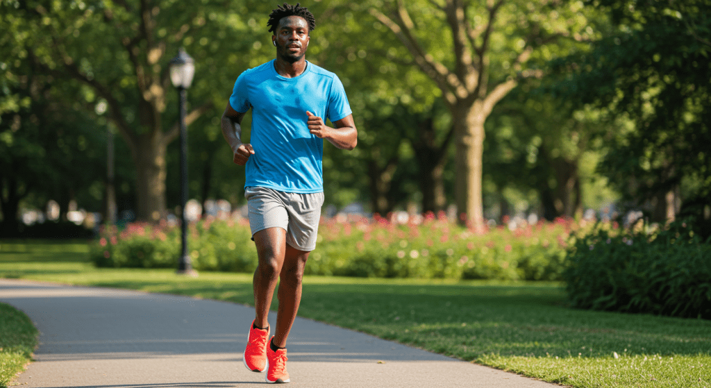 Active man jogging outdoors in sportswear