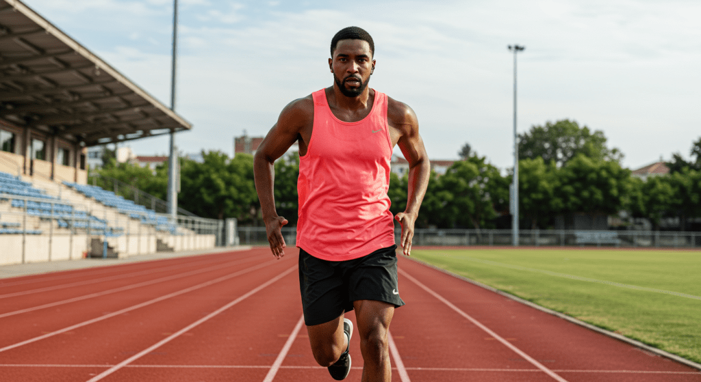 Man performing high-intensity interval training outdoors, sprinting on a track with determination, showcasing a workout that boosts stamina and sexual performance