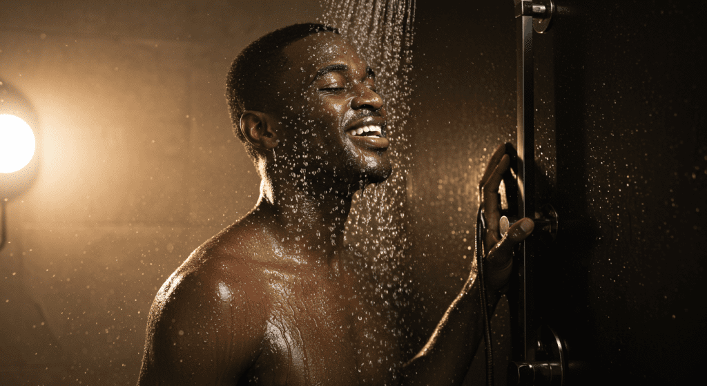 Man enjoying a cold shower to boost testosterone and stamina