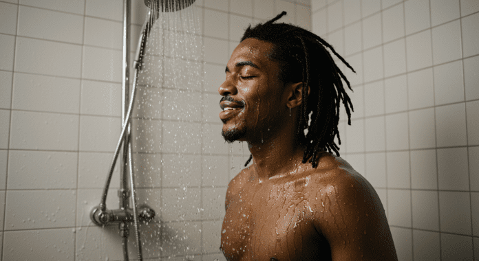 Man enjoying a cold shower to boost testosterone and stamina