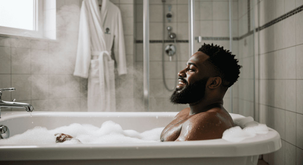 "Man enjoying a warm bath to boost testosterone and stamina