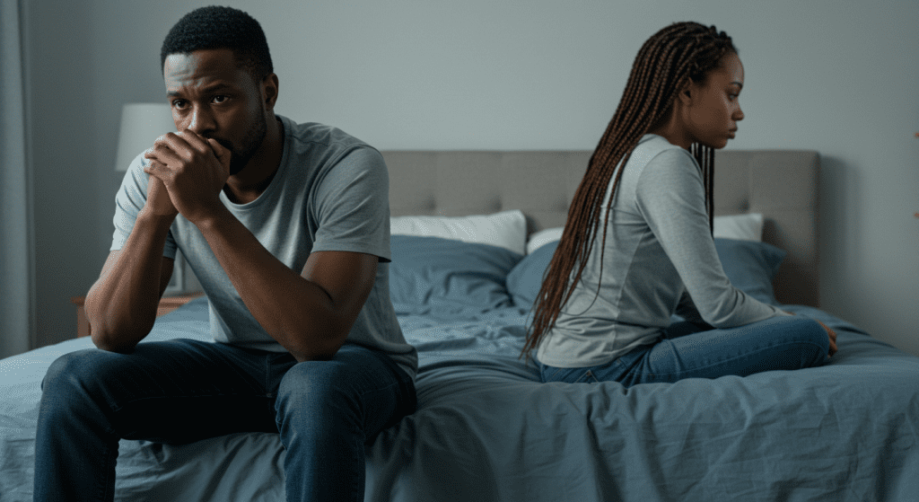 Worried man sitting on bed with partner turned away, showing signs of performance anxiety ED