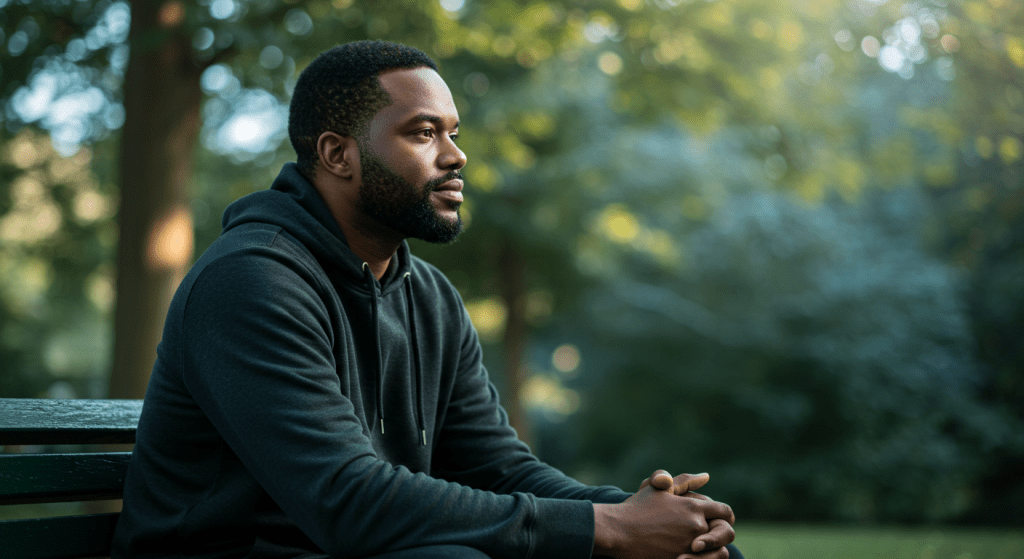 Thoughtful man sitting alone, looking reflective and calm, symbolizing overcoming anxiety and personal struggle