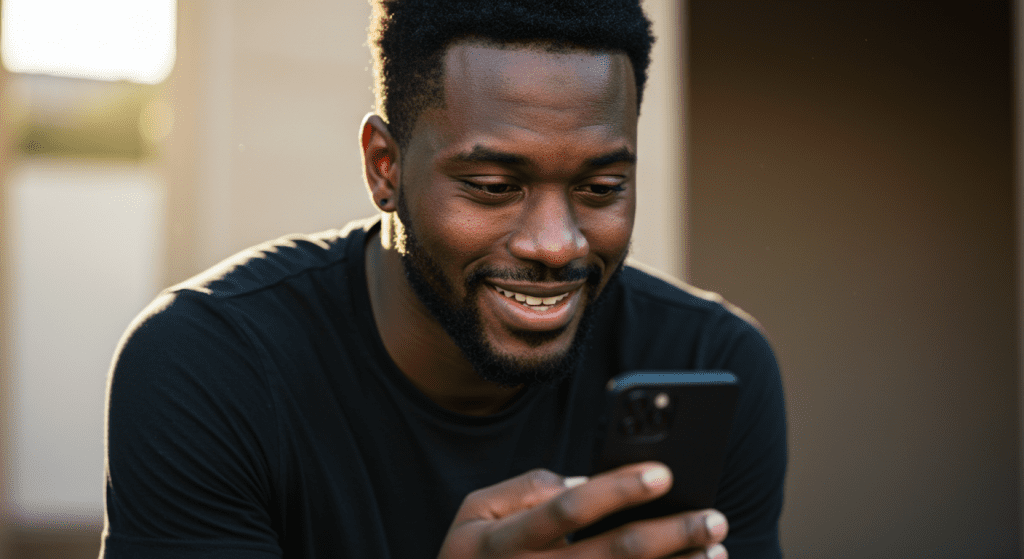 Hopeful young Nigerian man looking at his phone with a slight smile, symbolizing the beginning of his stamina transformation journey.