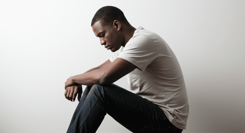 Frustrated Black man sitting alone in a bright room, symbolizing the struggle with low stamina and relationship tension