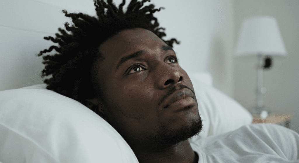 Disappointed Nigerian man staring at the ceiling in frustration, representing the struggle of relapse after initial progress.