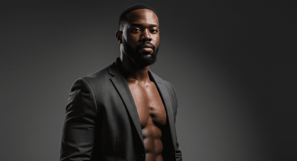 "Confident black man standing tall with a renewed sense of strength, symbolizing his full stamina recovery and transformation.