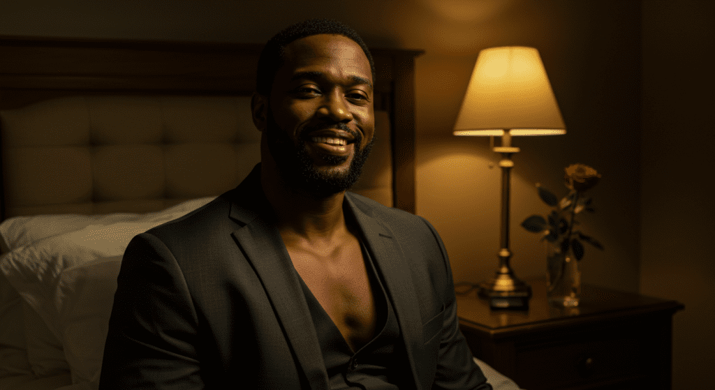 Proud black man smiling with confidence, representing triumph after overcoming stamina struggles and becoming a bedroom legend.