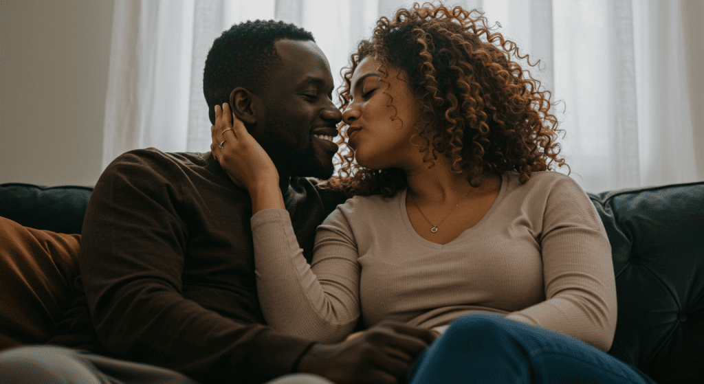 Man gently kissing and caressing his partner, emphasizing the importance of foreplay for deeper intimacy and better performance in bed