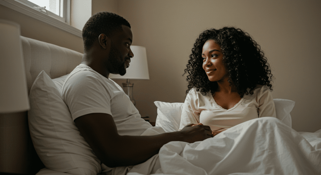 Man and woman having an open, relaxed conversation in bed, highlighting the role of clear and confident communication in sexual intimacy