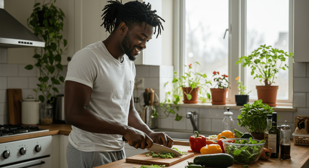 A black man in a well lit kitchen , making a healthy meal as he cuts some green beans and is smiling while looking downwards. Effective Erectile Dysfunction treatments for Men