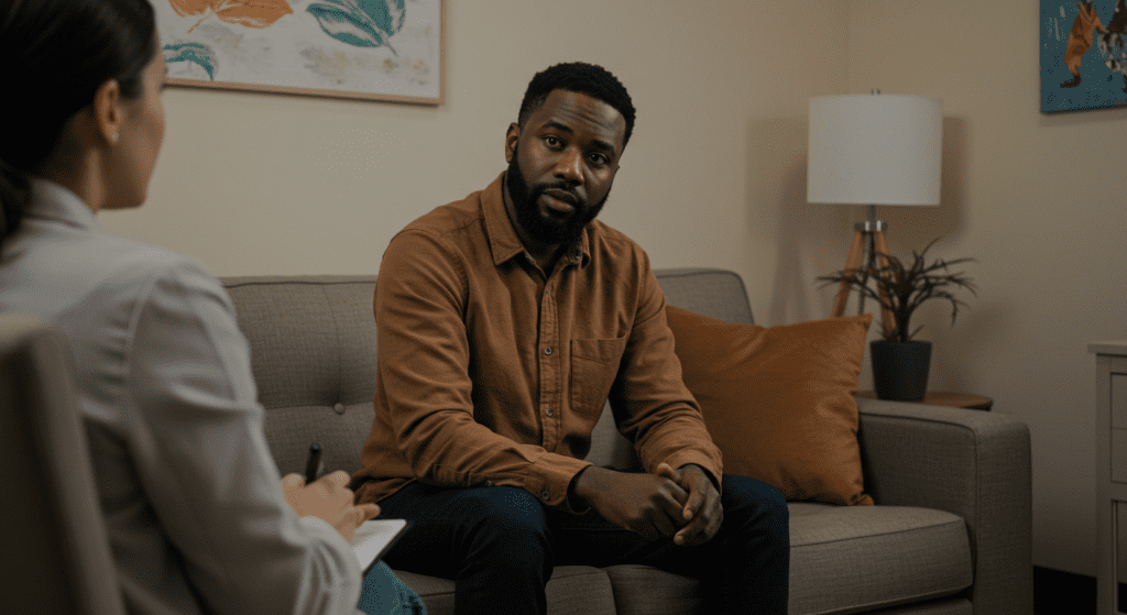 A black man wearing a brown shirt sitting on a couch while looking at his therapist in a calm room. Effective Erectile Dysfunction treatments for Men