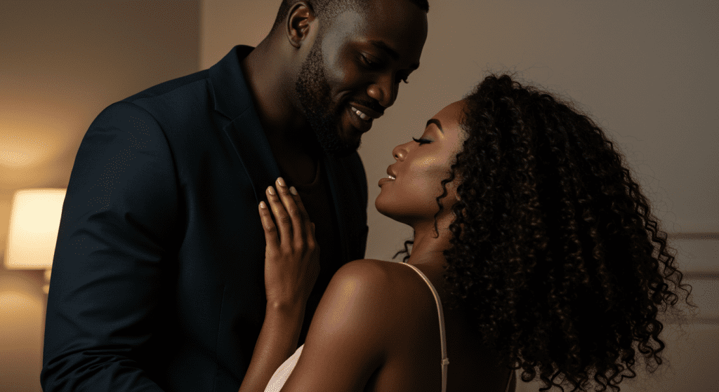 Confident man guiding his partner during an intimate moment, showing leadership while staying attentive to her comfort and responses.