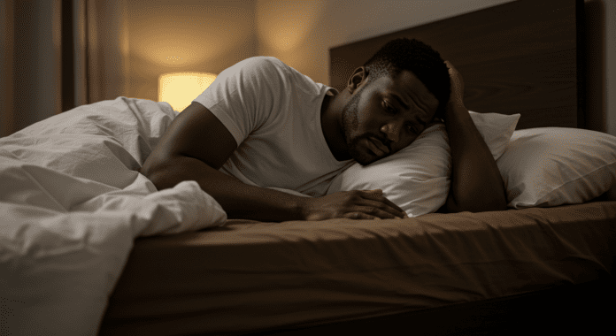 Un homme noir allongé sur le lit, l’air triste, couvert d’une couette blanche.