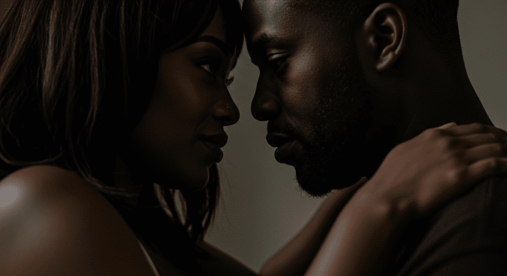 Couple making eye contact and connecting deeply during intimacy, reflecting the importance of being fully present and emotionally engaged.