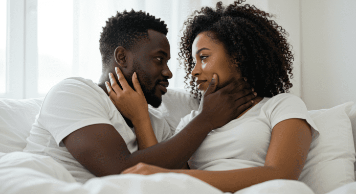 a black Couple making eye contact and connecting deeply during intimacy, reflecting the importance of being fully present and emotionally engaged in a bright background