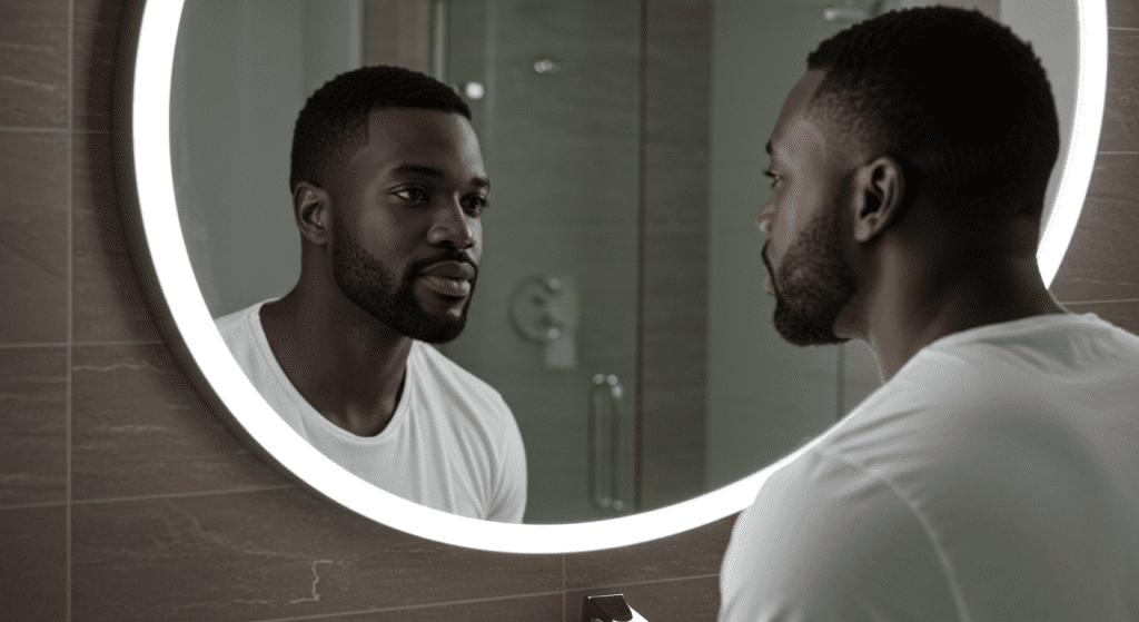 black Man looking at himself confidently in the mirror, symbolizing personal growth, self-care, and the role of confidence in sexual performance.