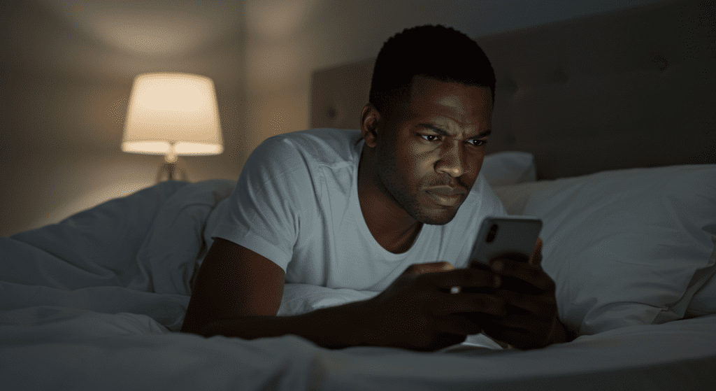 Un homme noir au lit en train de faire défiler son téléphone.