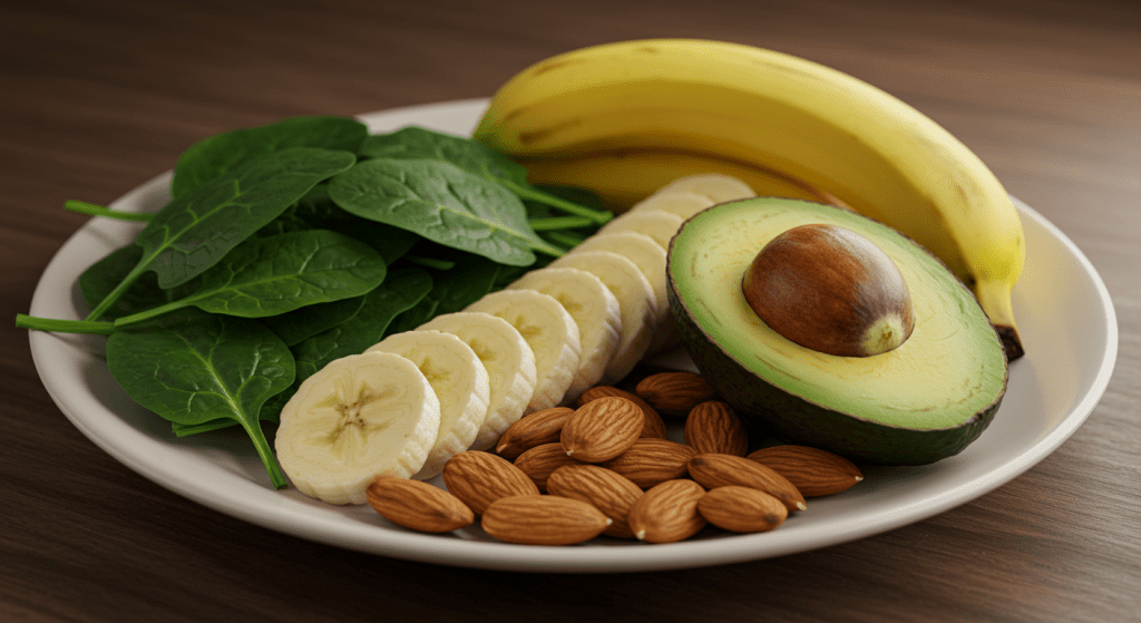 A colorful plate of spinach, bananas, avocados, and almonds, representing clean, libido-boosting foods for improved male stamina and performance.