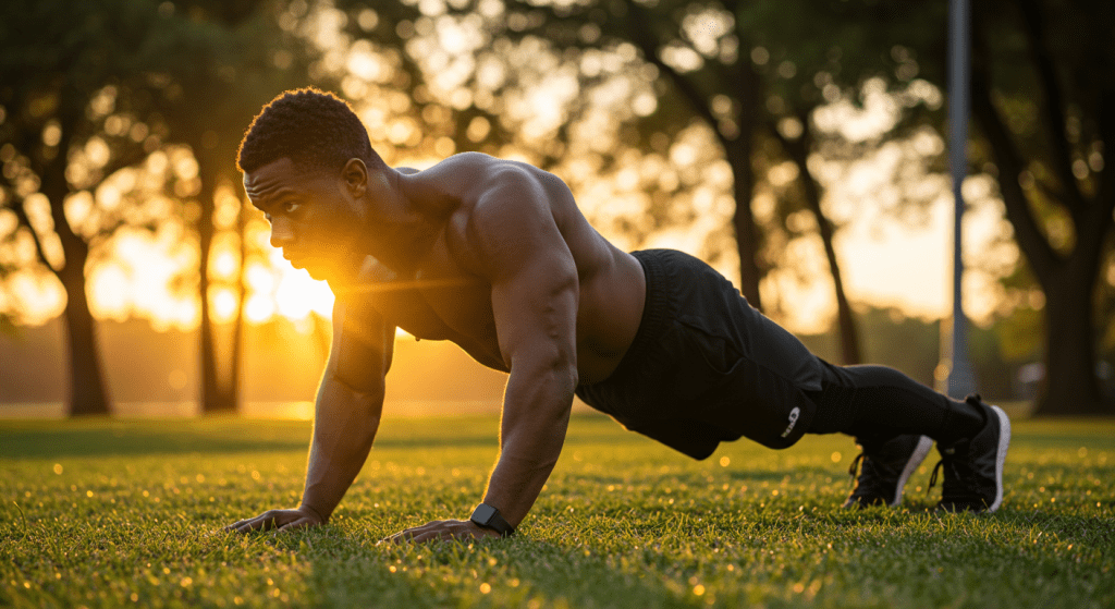 Fit man performing planks outdoors with sunrise in the background, symbolizing core strength and heart health for improved sexual stamina.