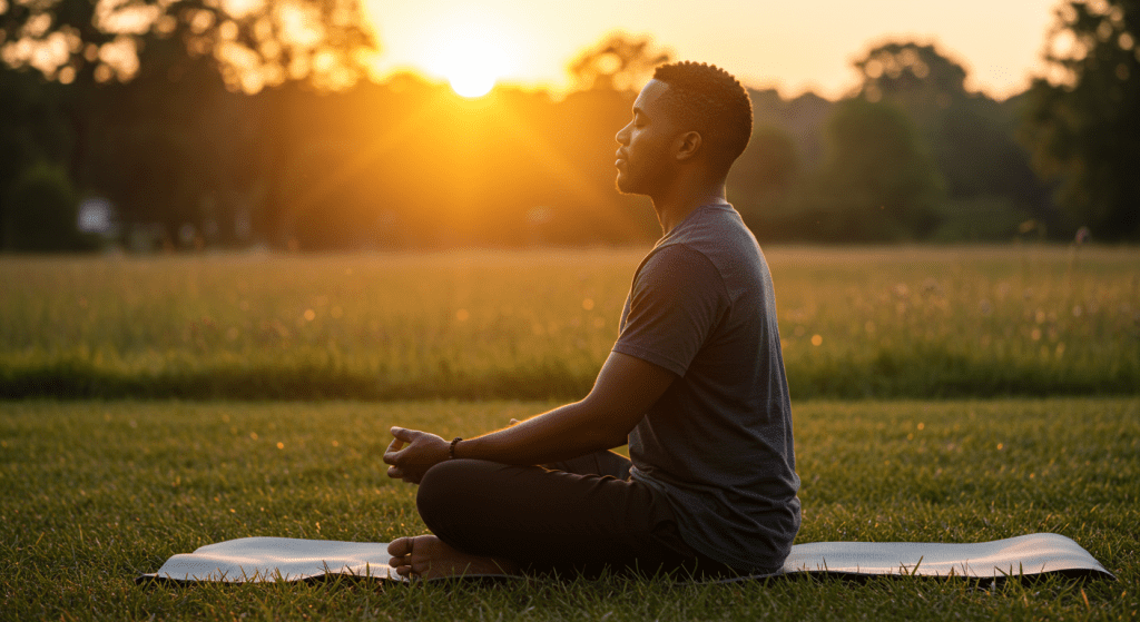 Calm Black man meditating on a yoga mat at sunrise, representing mental clarity, reduced stress, and increased confidence for better sexual performance.