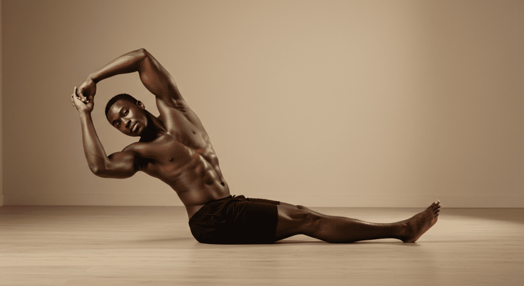 Man performing a deep yoga stretch in a quiet room, symbolizing increased flexibility and improved blood flow for better sexual stamina and control.