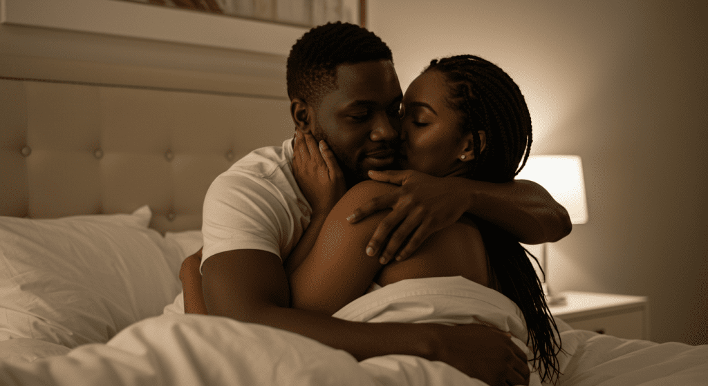 a confident Black couple in bed one is cuddling, the other is behind.