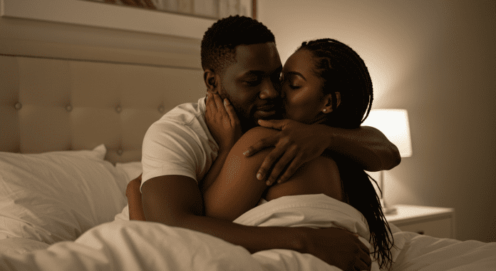 a confident Black couple in bed one is cuddling, the other is behind.