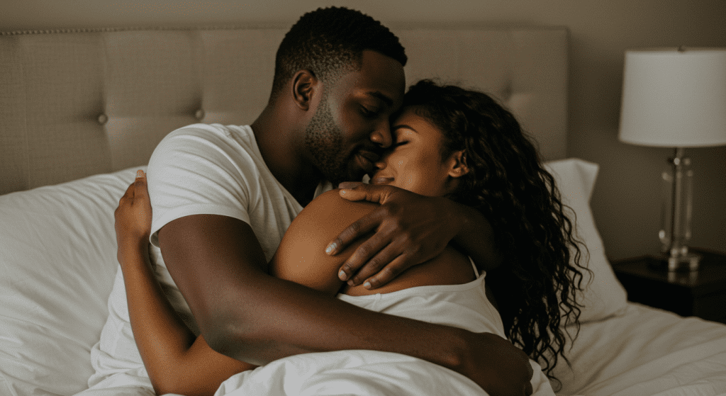a confident Black couple in bed one is cuddling, the other is behind.