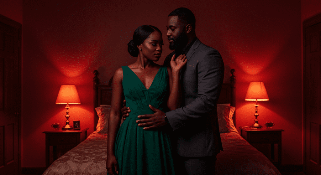 Un homme noir tient la taille d’une femme noire dans une chambre aux lumières rouges tamisées.