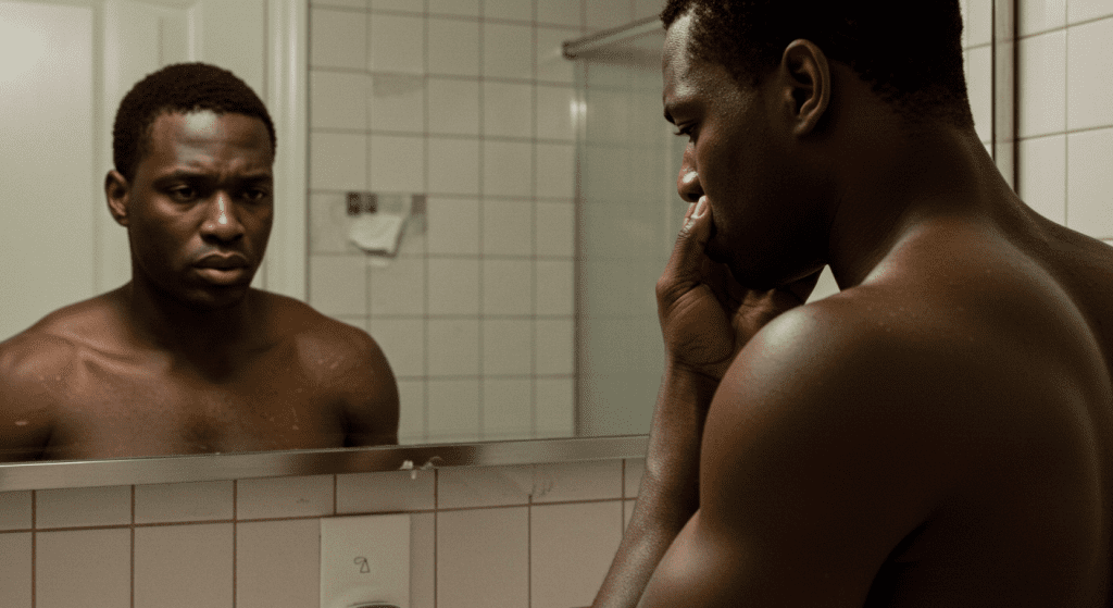 African man standing shirtless in front of a bathroom mirror, looking down with a troubled expression, symbolizing hidden struggles with masculinity and self-esteem.