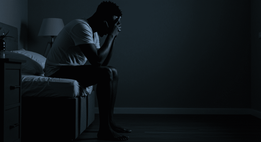 Distressed African man sitting alone on the edge of a bed at night, head in hands, representing the emotional weight of hidden sexual performance issues and the beginning of personal transformation.