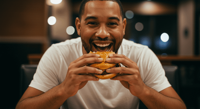 A smiling man wearing a white t-shirt is sitting indoors at a restaurant, holding and about to bite into a large hamburger with both hands. The background is softly lit with warm lights, creating a warm, cozy atmosphere.