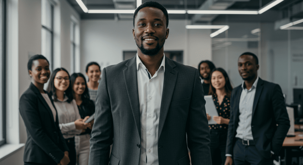 Stylish African man walking into an office with shoulders back and a confident smile, while colleagues glance at him in admiration—symbolizing his growing self-assurance and alpha presence.