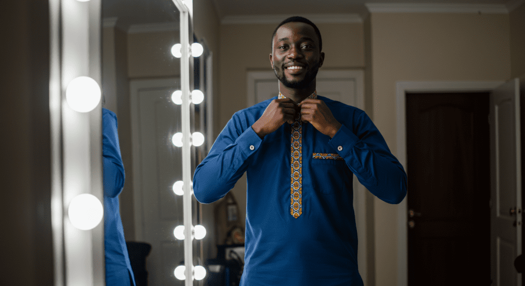Empowered African man standing tall in front of a mirror in a well-lit room, adjusting his collar with a proud smile—symbolizing the peak of his transformation into a confident, dominant alpha male.