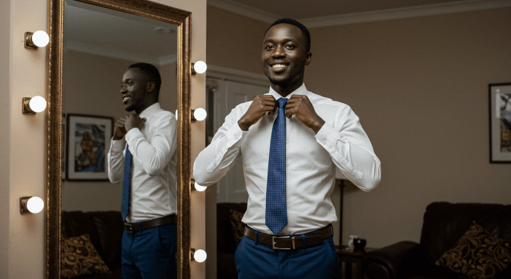 Empowered African man standing tall in front of a mirror in a well-lit room, adjusting his collar with a proud smile—symbolizing the peak of his transformation into a confident, dominant alpha male.