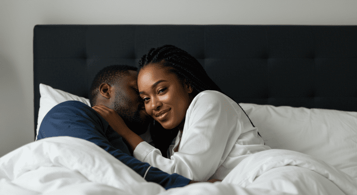 a confident Black couple in bed one is cuddling, the other is behind.