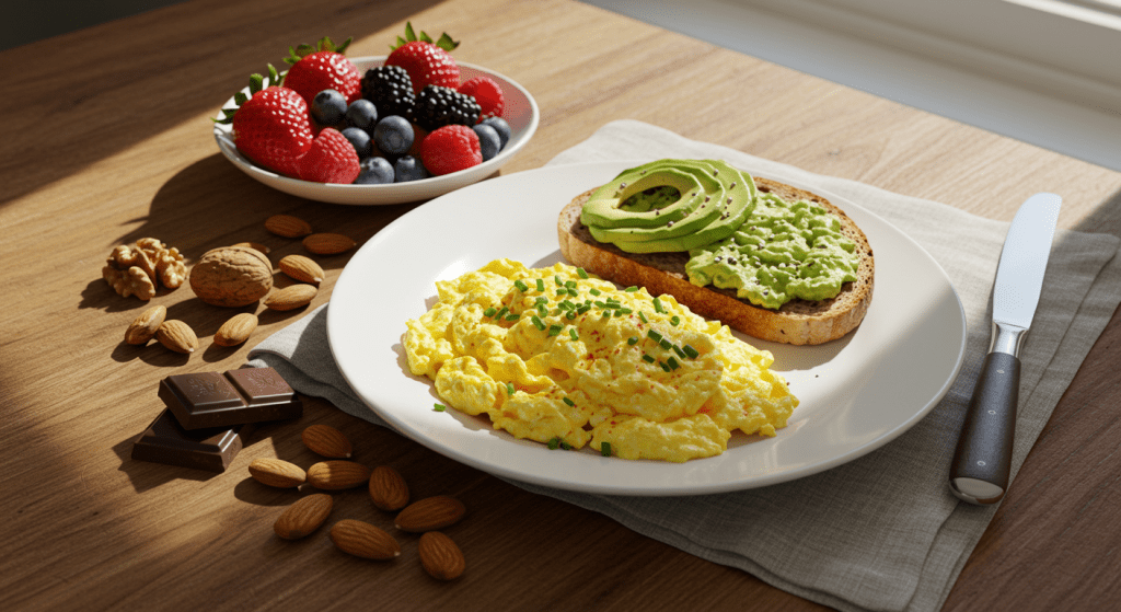 A nutritious breakfast spread featuring eggs, avocado toast, berries, nuts, and dark chocolate