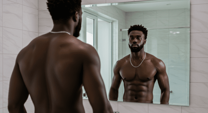 An African man standing confidently in front of a mirror, shirtless, looking at his reflection with determination — symbolizing his complete transformation into a confident, powerful, and desirable man.