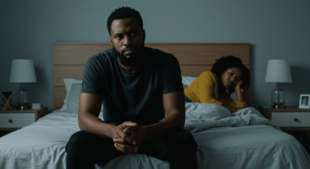 Frustrated man sitting on bed with partner, showing signs of low libido and disinterest