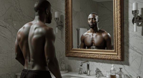 An African man standing confidently in front of a mirror, shirtless, looking at his reflection with determination — symbolizing his complete transformation into a confident, powerful, and desirable man.